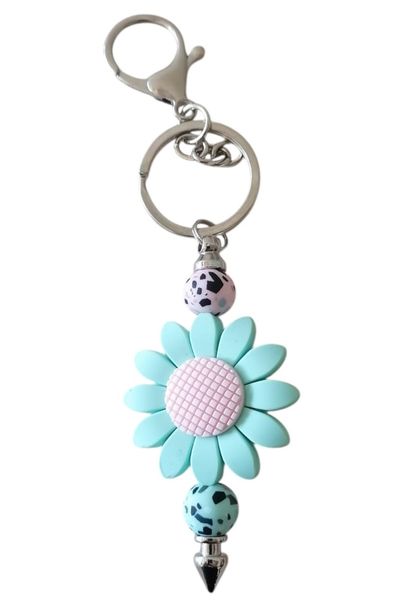 Handmade silicone bar key chain: turquoise daisy and colourful beads