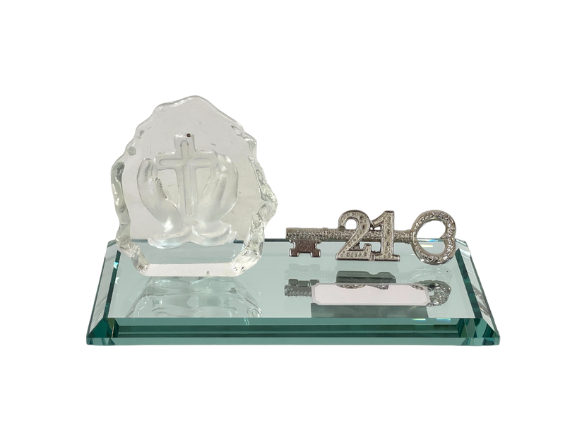 21st Key with Glass Block Praying Hands &amp; Cross on Glass Mirrorbase