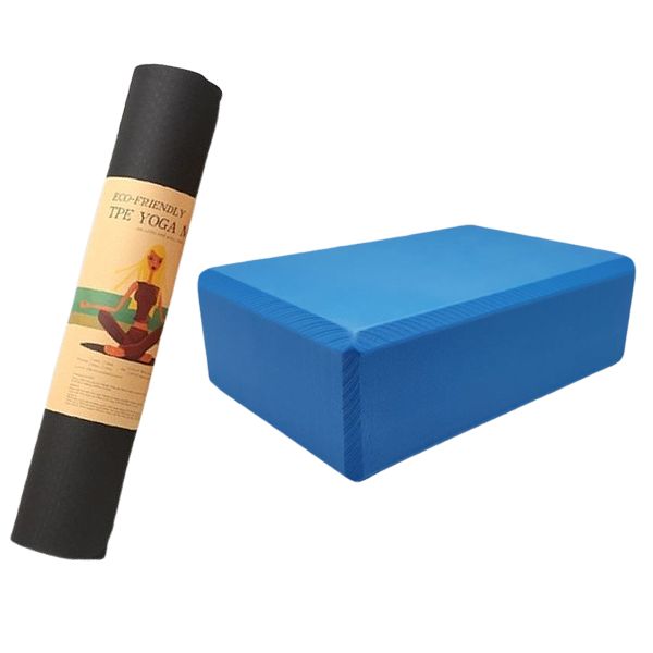 Anti Slip Yoga/Exercise Mat Fitness + Yoga Foam Block - Blue