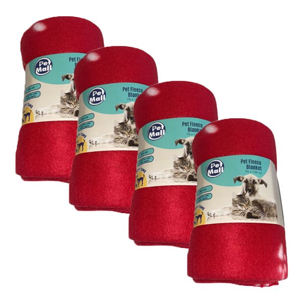Pet Mall Pet Fleece Blanket Red Paw Print (76 x 100cm) - 4 Pack
