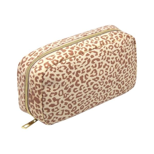 Leopard Print Travel-Friendly Cosmetic Pouch With Gold Zip Closure - Brown