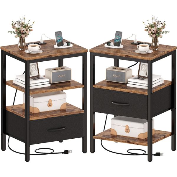 Side Tables 2 Pcs Nightstand with Charging Station Adjustable Fabric Drawer