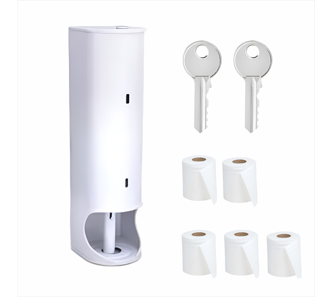 5-Tier Lockable Wall-Mounted Toilet Paper Holder - White + 5 Rolls