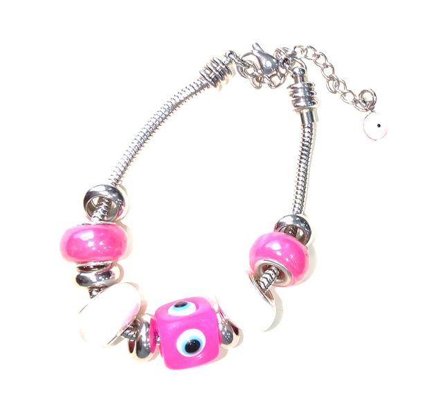 Stainless Steel with Pink Evil Eye Cube Floating Charm on Bracelet - EM69