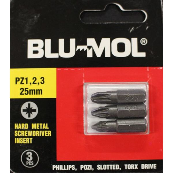 Bulk Pack x 25 Blu-Mol Screwdriver Bit S2 Pz1 2 3x25mm 3pc