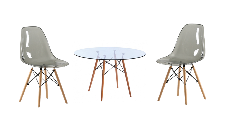 Modern 3 Piece Glass Table and Wooden Leg Chairs