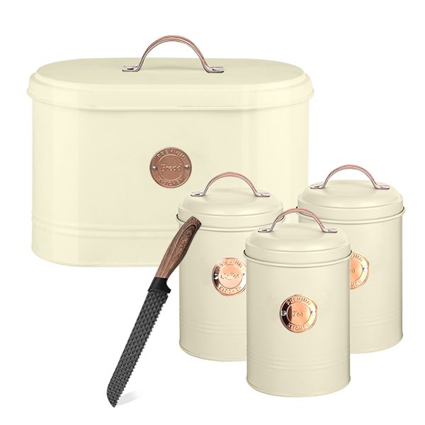 Set of 5- Stylish Kitchen Countertop Bread Box and Canisters Set with Knife