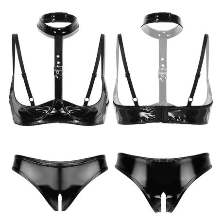 Belle Amoureuse - Women Black Faux Leather PVC Bra & Open Crotch Panty Set, Shop Today. Get it Tomorrow!