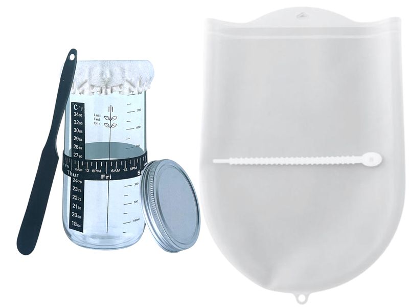 Sourdough Starter Jar Kit 1000ml &amp; Large (41cm) Silicone Dough Bag