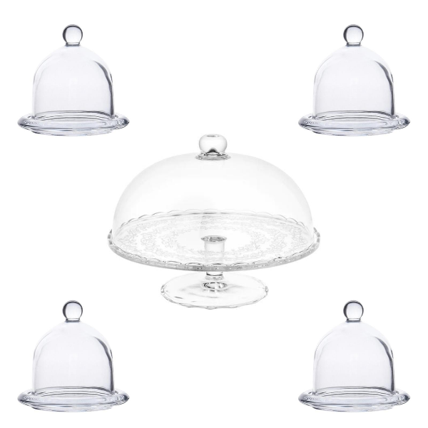 Cake Dome with Stand 30 x 14cm Includes 4 Mini Cake Holders - 9.5 x 8cm