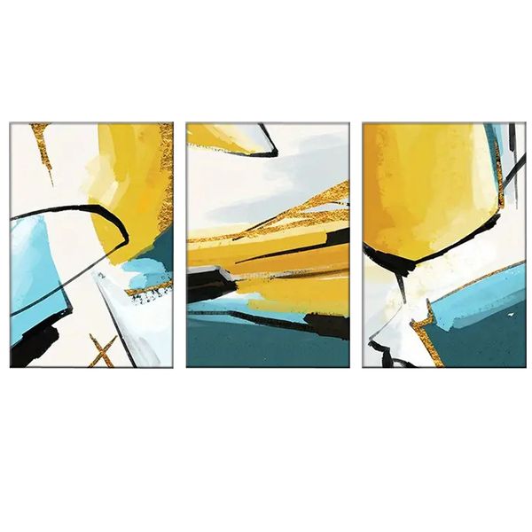 Canvas-Art-3 Pieces Gold &amp; Blue Black Lines Mood Abstract Wall Art