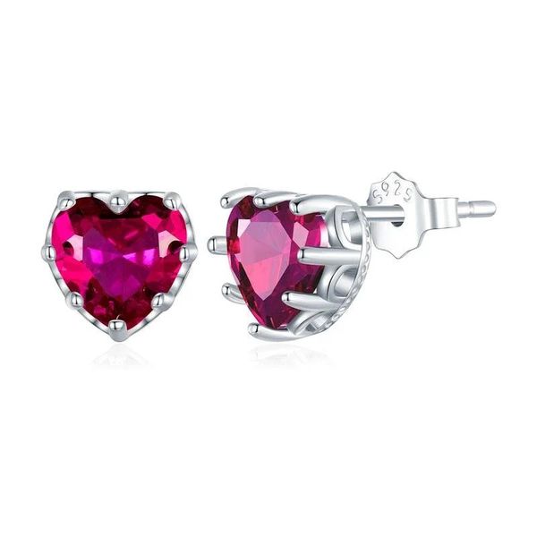 Women's Sterling Silver Heart-Shaped Red Crystal Stud Earrings - Silver