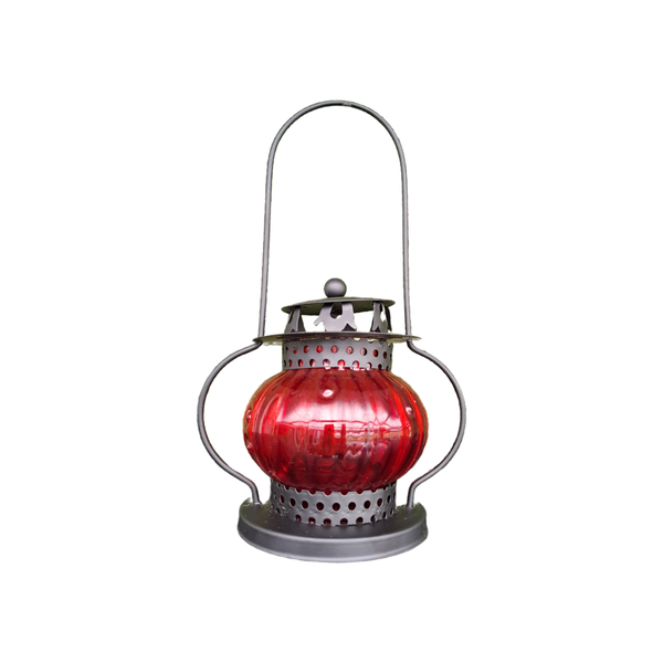 Cast Iron Irregular Powder Coated Candle Holder Lantern - Red Glass