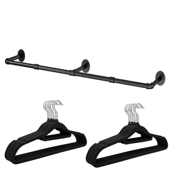 30Pcs Velvet Clothes Hanger &amp; 72" Industrial Pipe Wall Mounted Rack Bedroom