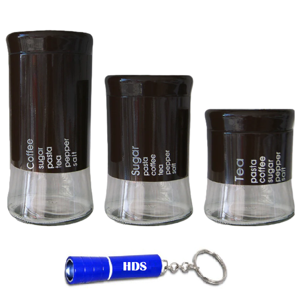 3 Peice Glass Storage Jar Set with HDS Branded Keyring Torch