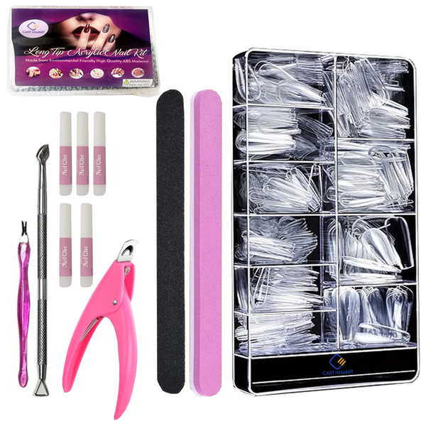 500 Pack Long Clear Acrylic Nail Tips Ballerina Coffin Set &amp; Accessories