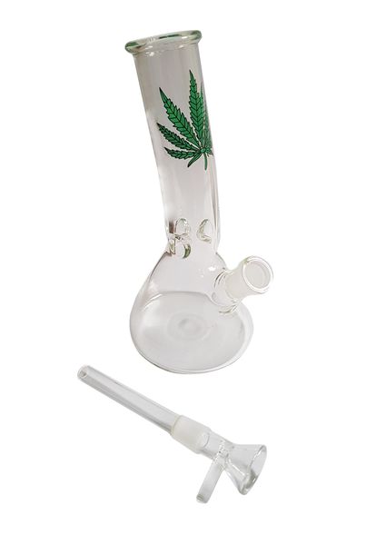 Glass Bong Bent Neck 19cm with Ice Catch - Cannabis Leaf Green