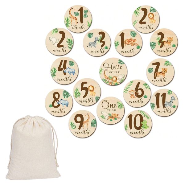 Double Sided Wooden Animal Baby Milestone Disc Cards - Set of 16
