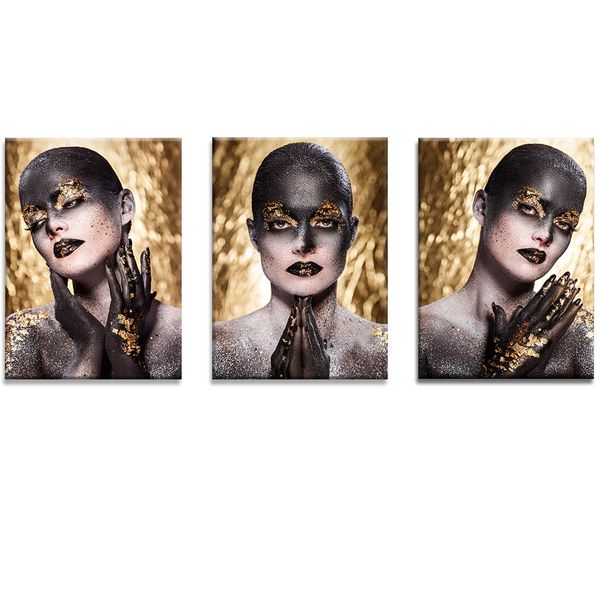 Canvas-Art-3 Pieces Black &amp; Gold Modern White Lady Abstract Wall Art