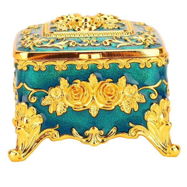 Vintage Rose Metal Box - Jewelry Organizer Gold/Blue