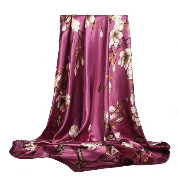 Lady's Satin Silk Scarf with Various Flowers - Purple/Gold