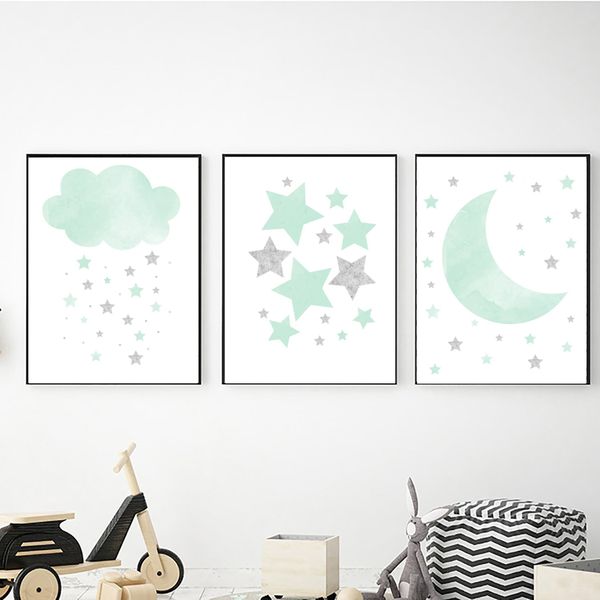 Cloud, Stars &amp; Moon in Green - A2 - Canvas (2.5cm ) -Set Of 3