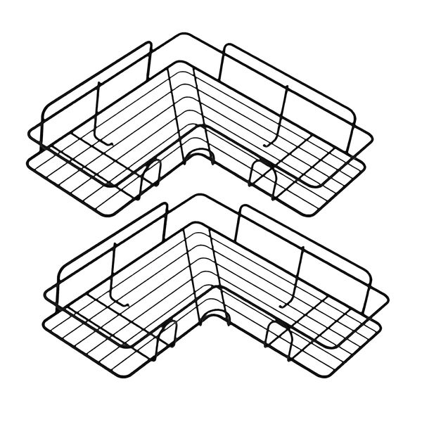 Set of 2 - Bathroom Corner Rack Black - No Drill - With Undershelf Hooks