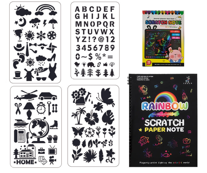 6pc Art &amp; Crafts Rainbow Scratch Pads &amp; Stencil Pack kids School project