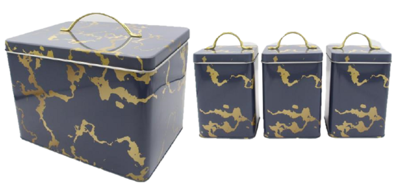 Royal Homeware 4 Piece Marble Bread Bin and Canister Se - White -Gold