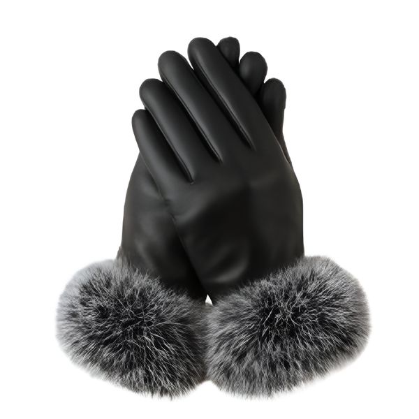 Women Mitten Faux Leather Gloves - Black