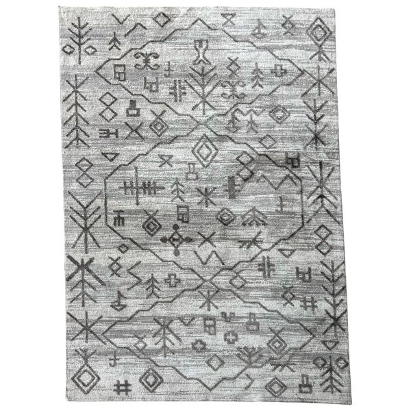 Lightweight Turkish Thin Pile Area Rug - Grey with Tribal Geometric Pattern