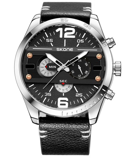 Skone Costa Quartz Movement Men's Watch - PU Leather Strap - Silver