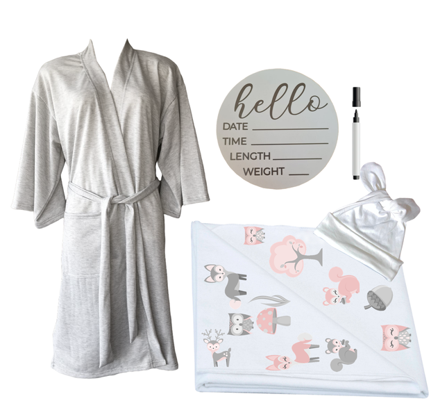 Hospital Set-Mom&amp;Me-Summer-Gown, Swaddle &amp; Birth Ann-Grey-Pink Fox