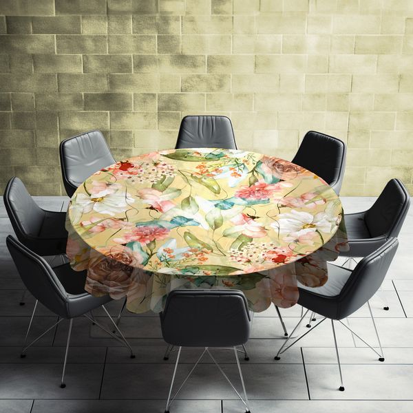 MIx of Water Painted Flowers on Yellow Round Tablecloth by Mark van Vuuren