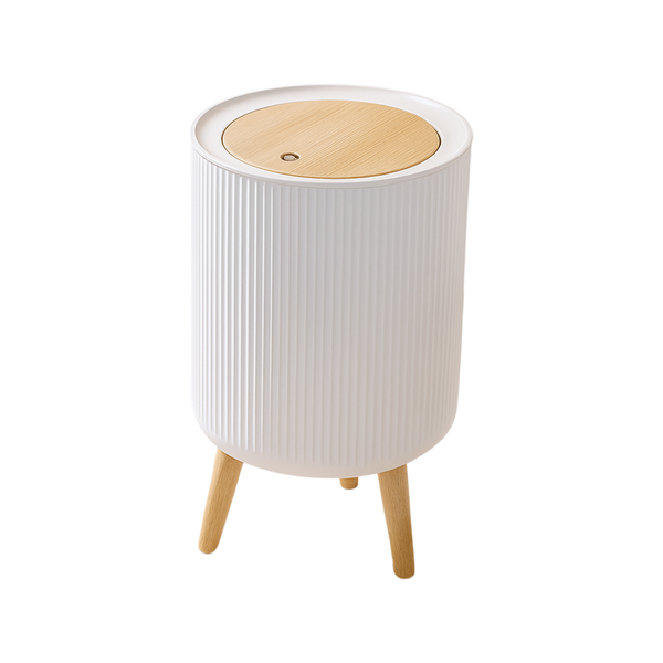 Modern Trash Can - Push-Top Lid, Wood-Leg Design