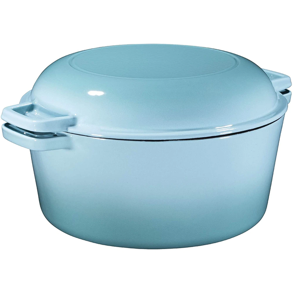 La Cocina 26cm Cast Iron Casserole with Frypan Lid - 4.7Liter 2 in 1 - Blue