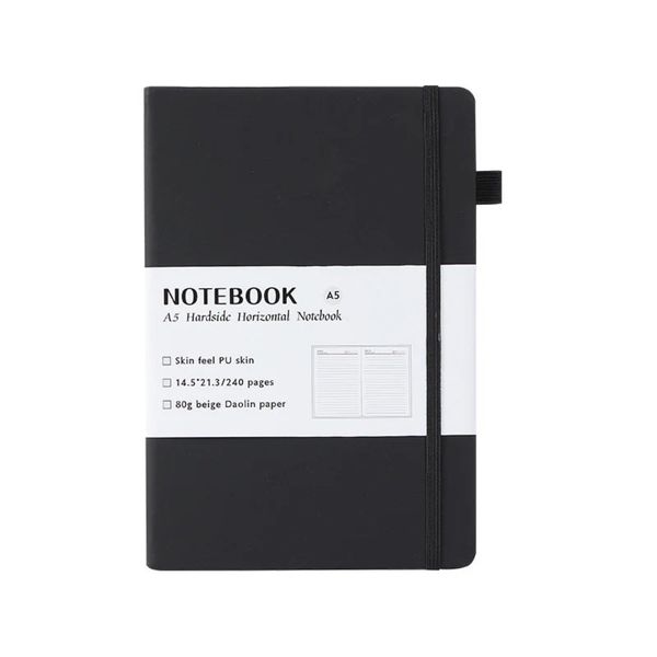 A5 PU Leather Classic Notebook with 240 Lined Pages - Black