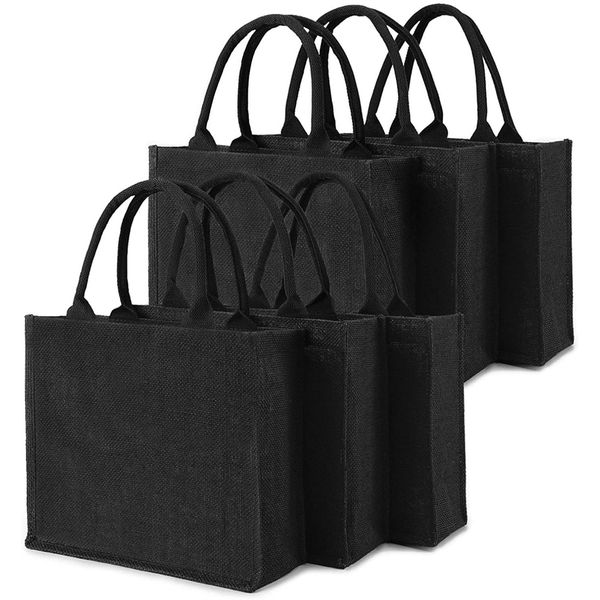 6PCS Black Jute Tote Bags with Handles&amp;Laminated Interior, Blank Bags