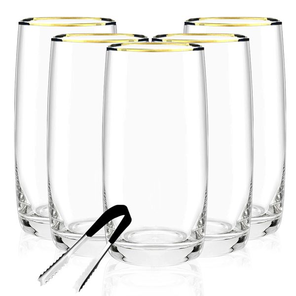 Set of 7 - Crystal Heavy Base Tall Glassware with Gold Rim Set - 490ml
