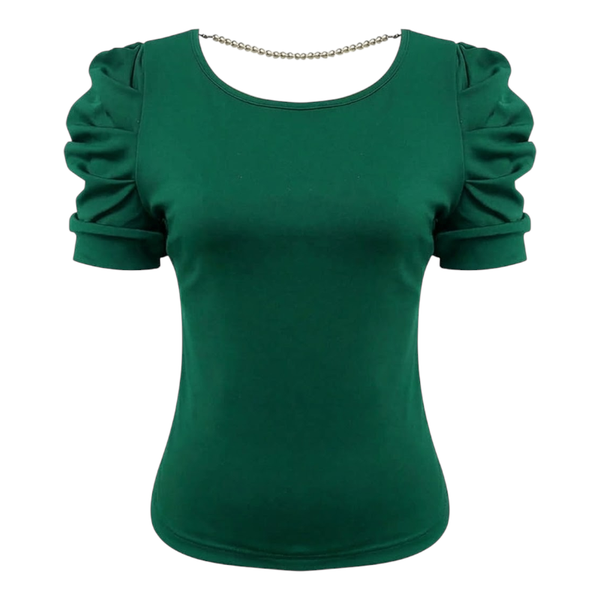 Women's Bubble Short-Sleeved Top With Back Bow - Green