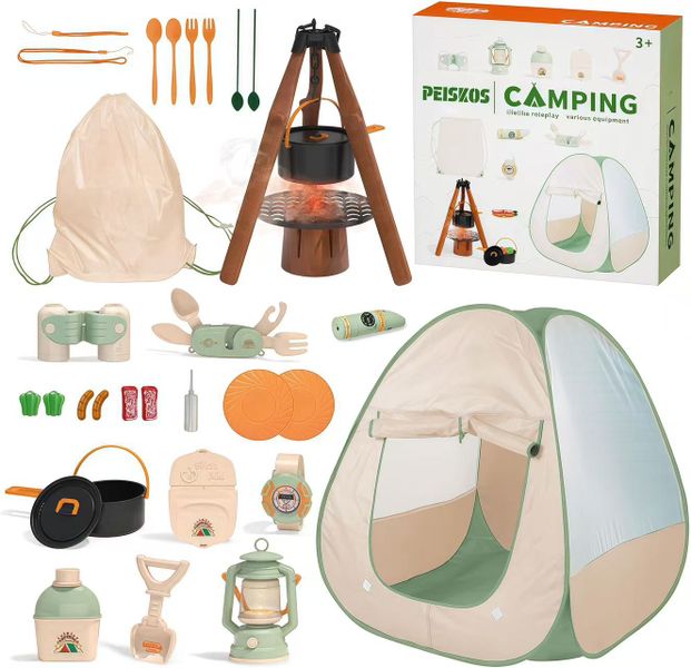 PEISKOS Kids Complete Outdoor Camping Toys Set with Tent lamp Stove Watch