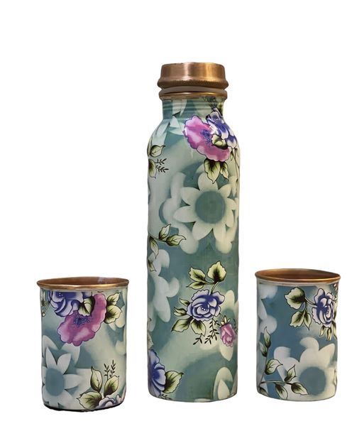 Pure Copper Blue Rose print 100% Water Bottle 1 Litter