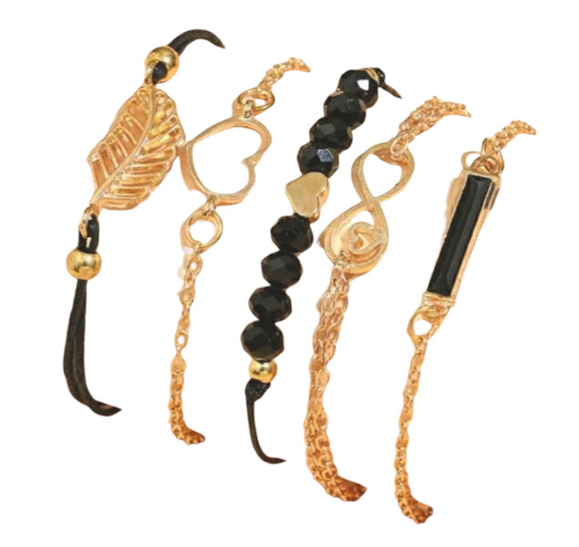 Bracelet Set - Black and Gold Leaf and Heart - 5-Piece