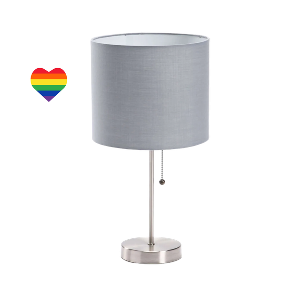 Table Lamp Metal Base Grey Fabric Shade With a Rainbow Heart Sticker