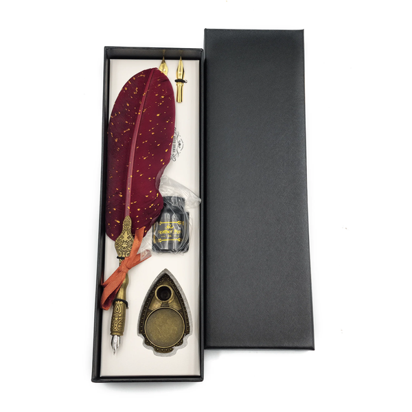 Vintage Feather Quill Pen Set - Carved Dip Pen with Ink, Nibs &amp; Pen Stand