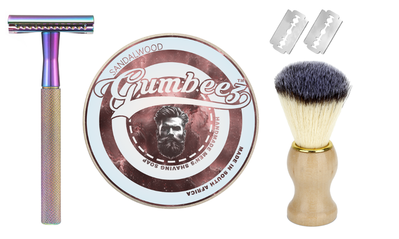 Gumbeez Premium Men's Safety Razor Shaving Kit with Sandalwood Shave Soap