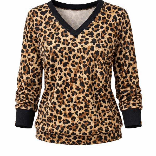Women's Long Sleeve V-Neck Leopard Print Knit Top