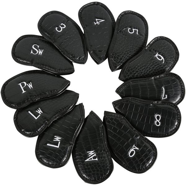 PU Leather Golf Club Iron Head Protective Covers 12 Pieces-Black Crocodile Print