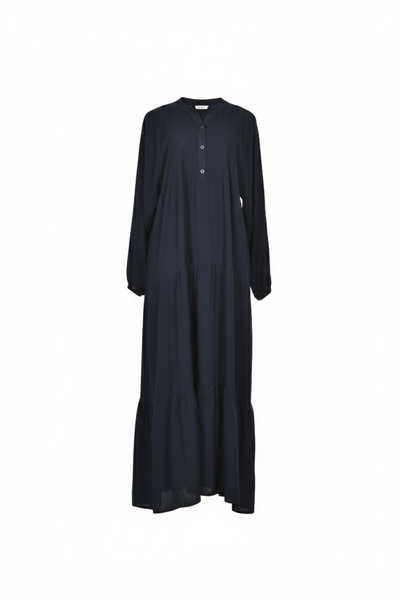 Navy Tiered Button-Front Modest Maxi Dress with Long Sleeves Abaya Style