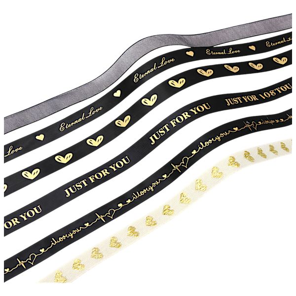 6-Piece Black &amp; Gold Ribbon Set with Decorative Print - Gift Wrapping